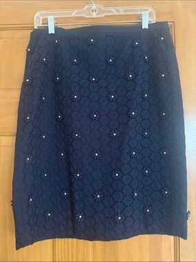 Perfect, Talbots Navy Eyelet Lace Pencil Skirt with Gold Pearl Embellishments